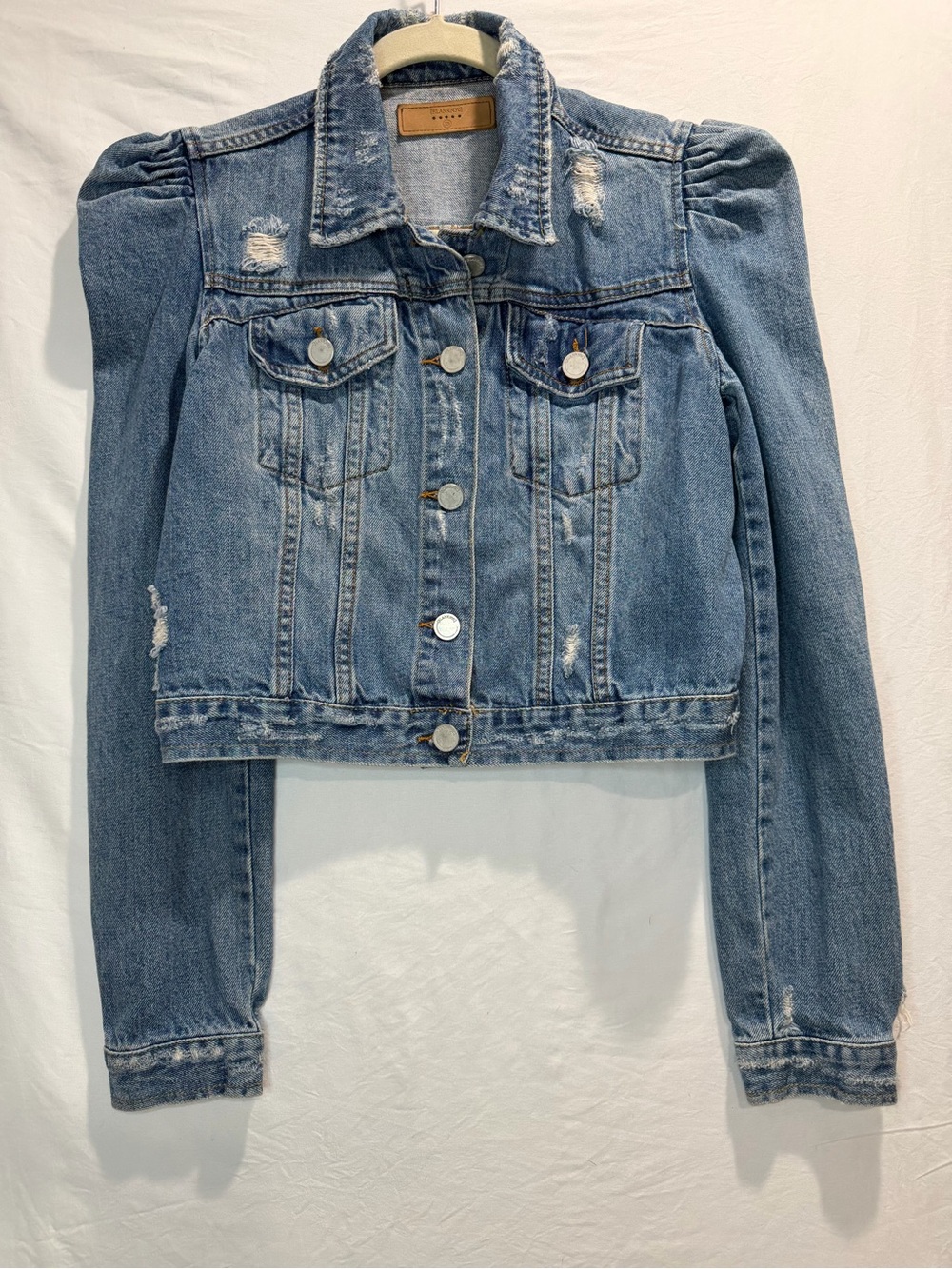 Blank NYC Light Blue Puff-Sleeve Cropped Denim Jacket
